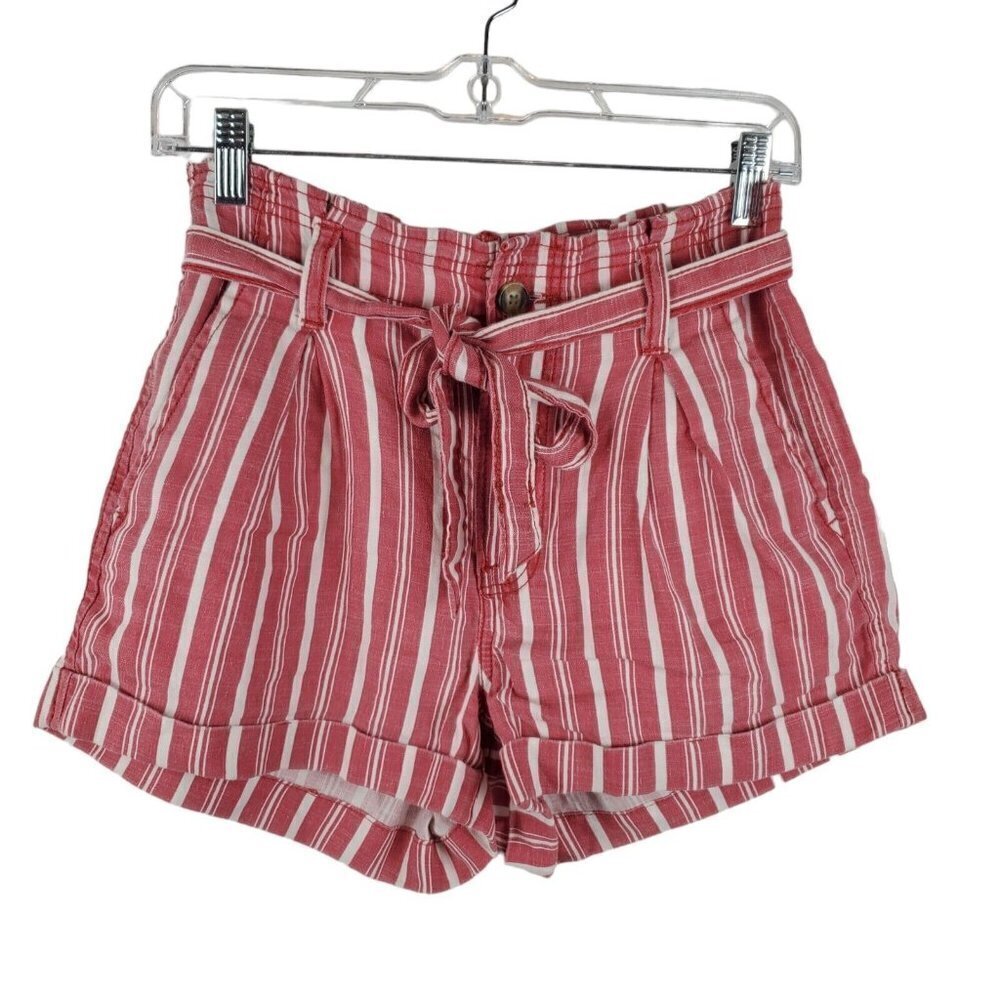 American Eagle Shorts Womens 2 Paper Bag Linen Blend Red White Striped High Rise
